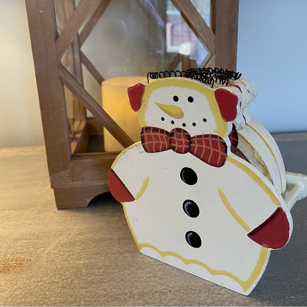 Vintage Wooden Snowman Coasters  Set (4) in Holder